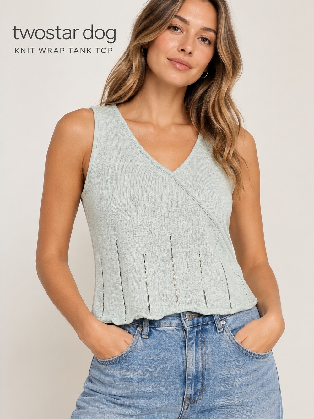 Twostar Dog Mint Green Knit Wrap Tank Top XL Ramie Cotton